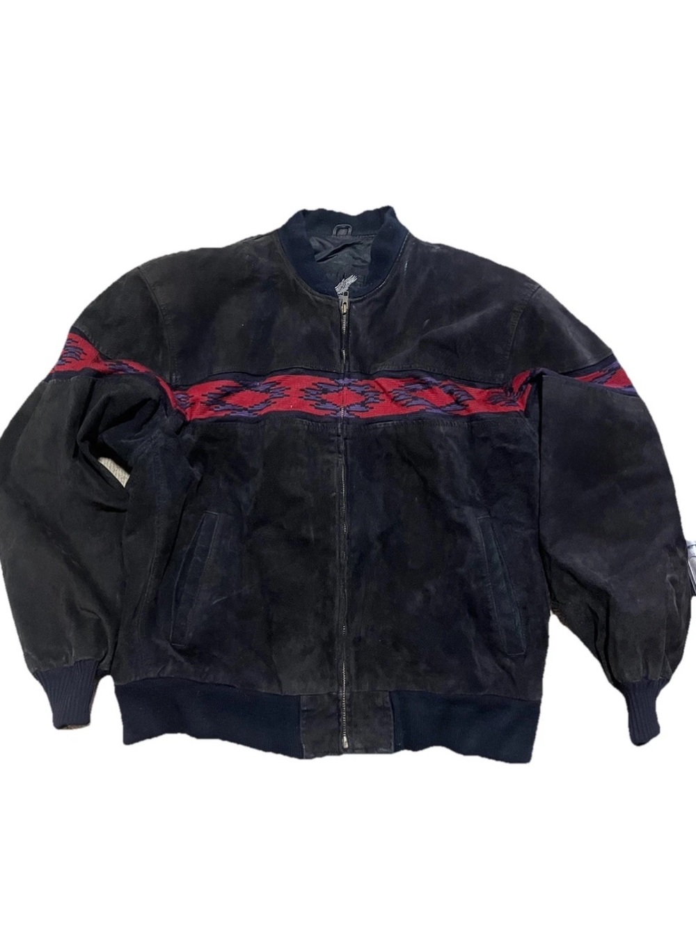 VTG 90s ADLER US Men's L Black Suede Leather Aztec Santa Fe Bomber Jacket